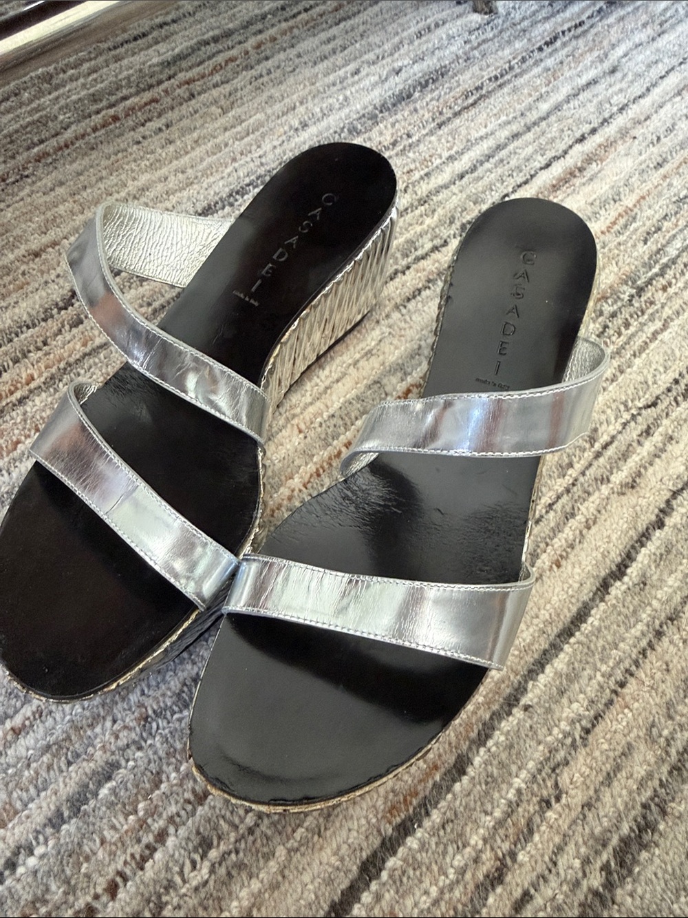 Casadei Silver Metallic Double Strap Wedge Mules